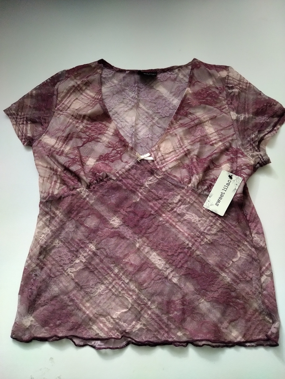 Sweet Lilac Sheer Lace V-Neck Top in Mauve New Size XL